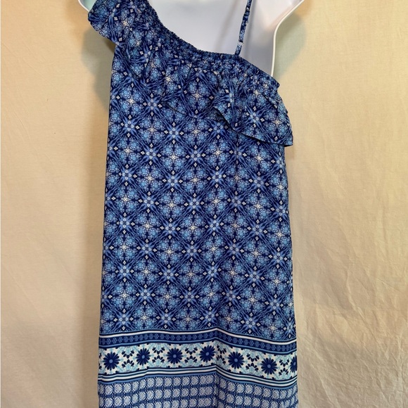 H-73 Skies Are Blue White & Blue Asymmetric Ruffled Lined MIDI Dress Size 8‎ - Picture 7 of 14